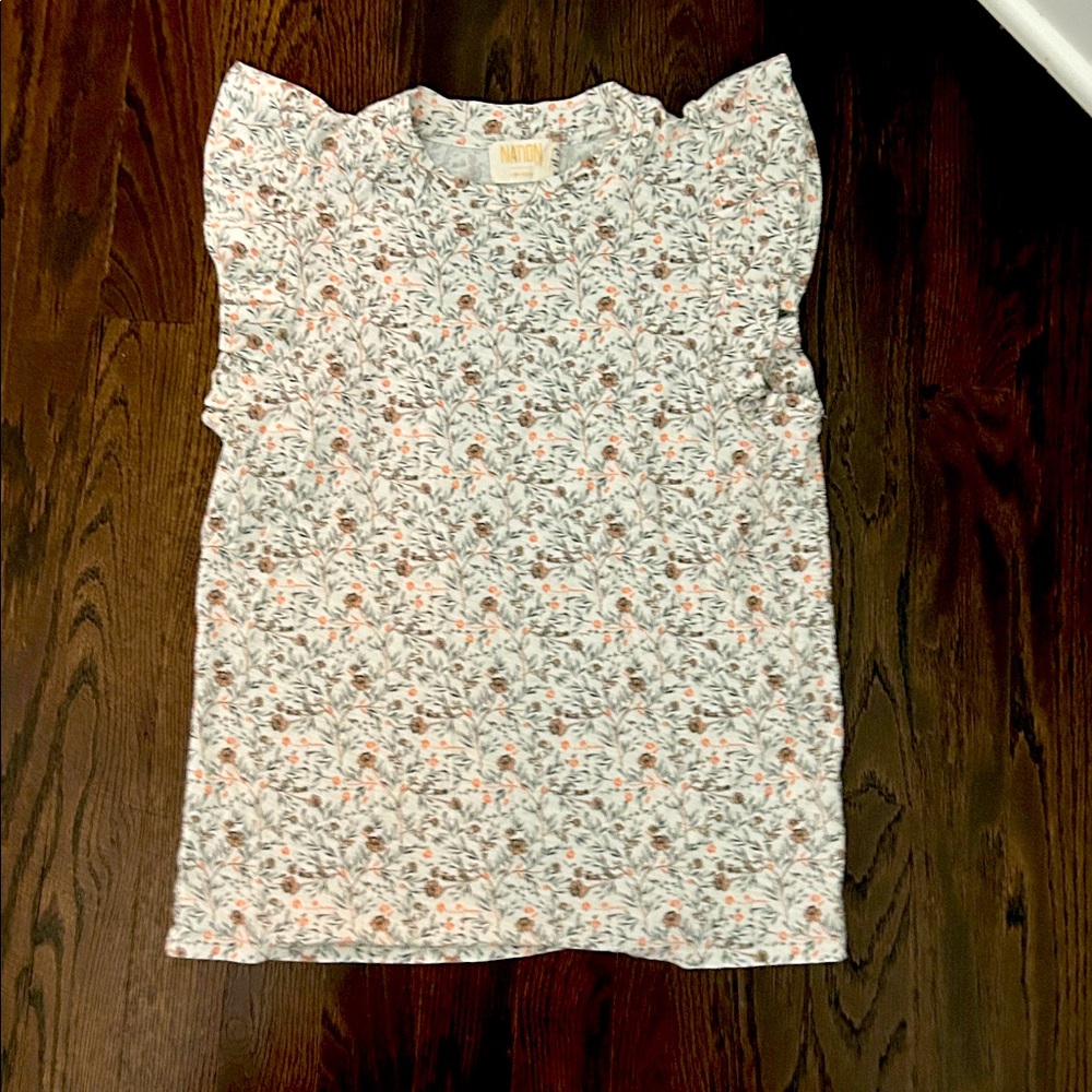 Nation LTD Floral Ruffle Sleeve Top Tee Shirt Size XS ivory